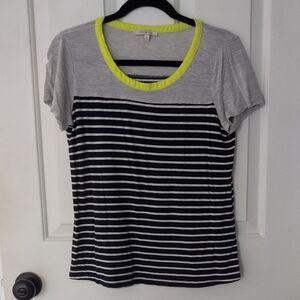 Skies Are Blue Gray and Black Striped Tee with Yellow Accent
